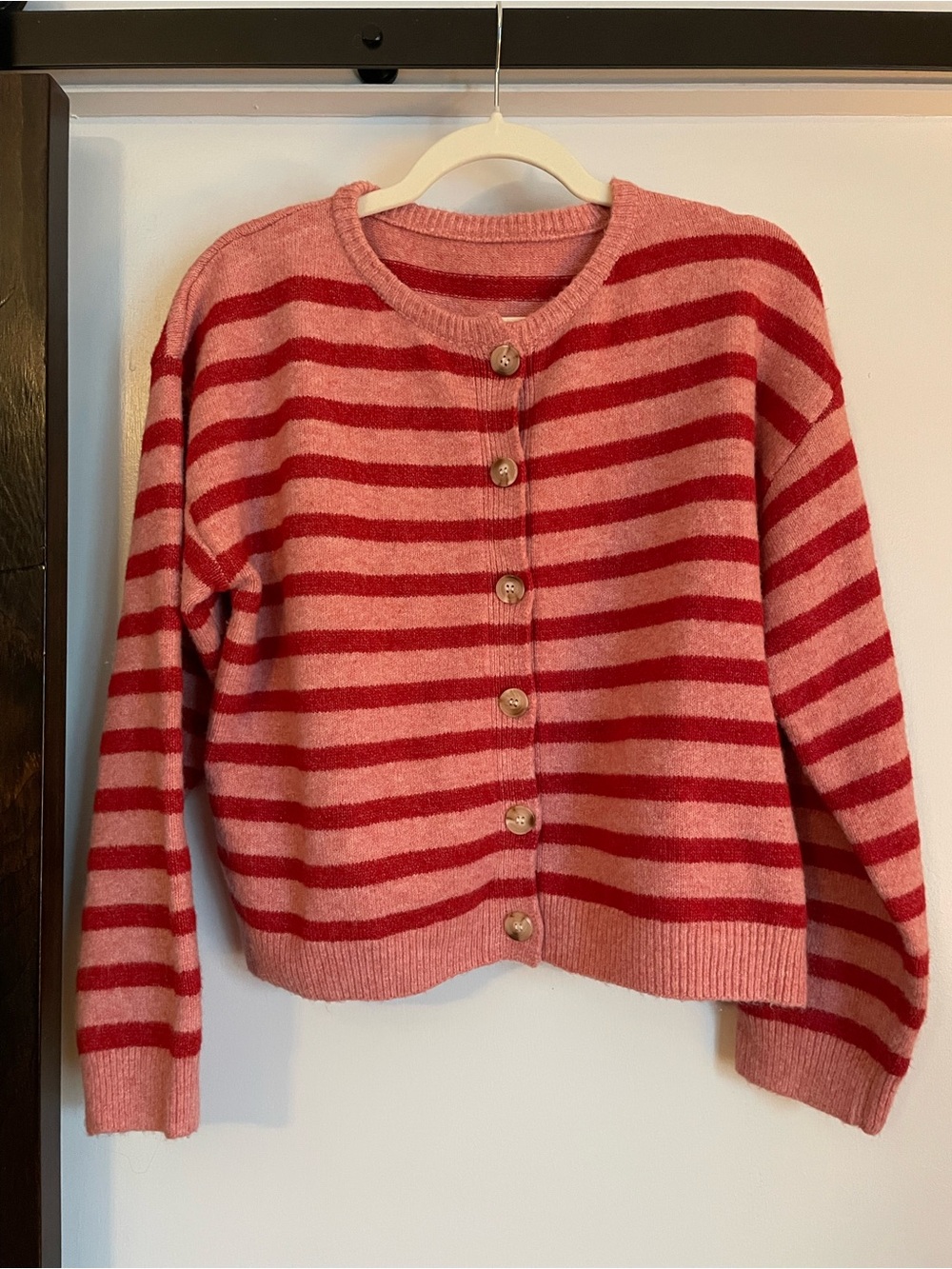 Pink and Red Striped Fuzzy Button-Up Cardigan